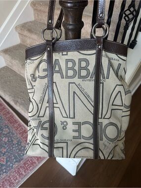 Dolce & Gabbana Beige Canvas Logo Tote with Dark Brown Leather Trim